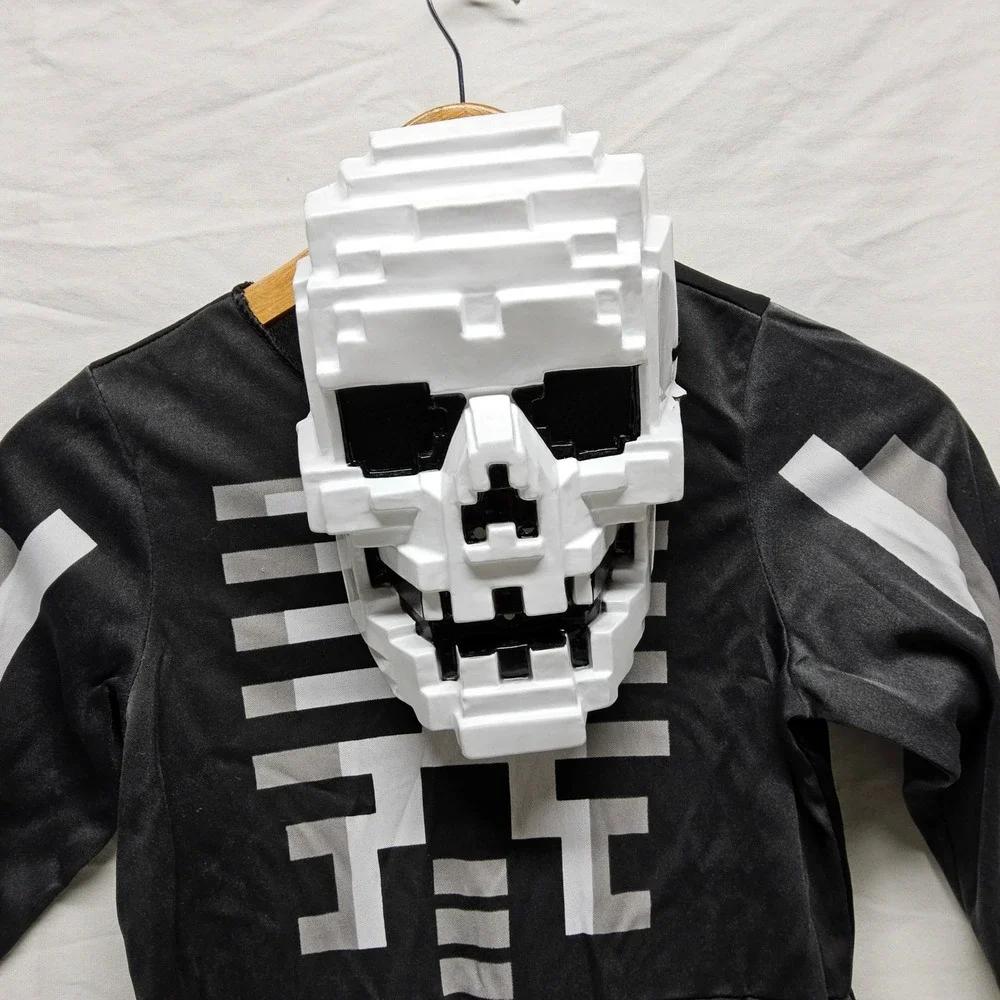 Minecraft Skeleton Costume Kids Medium Black Pixelated Jumpsuit Mask
